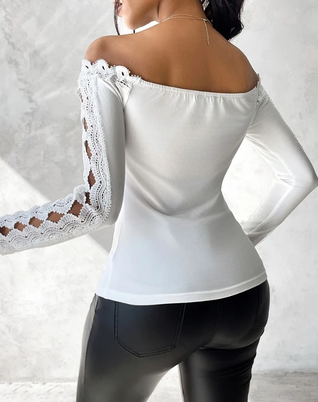 New Fashion Casual Women's Blouse Solid Colorsexy Blouses Female Clothing Off Shoulder Hollow Out Lace Skinny Pullover Tops