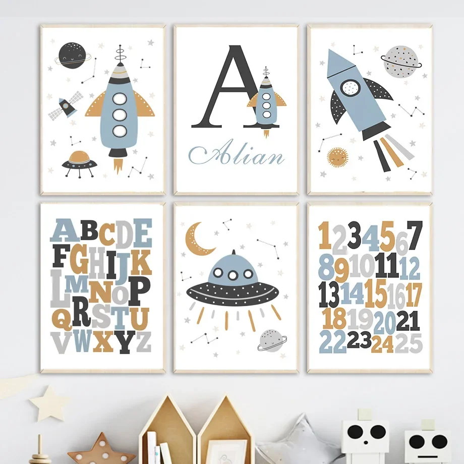 Rocket Astronaut Number Alphabet Custom Name Space Wall Art Canvas Painting Poster And Prints Wall Pictures Kids Boys Room Decor