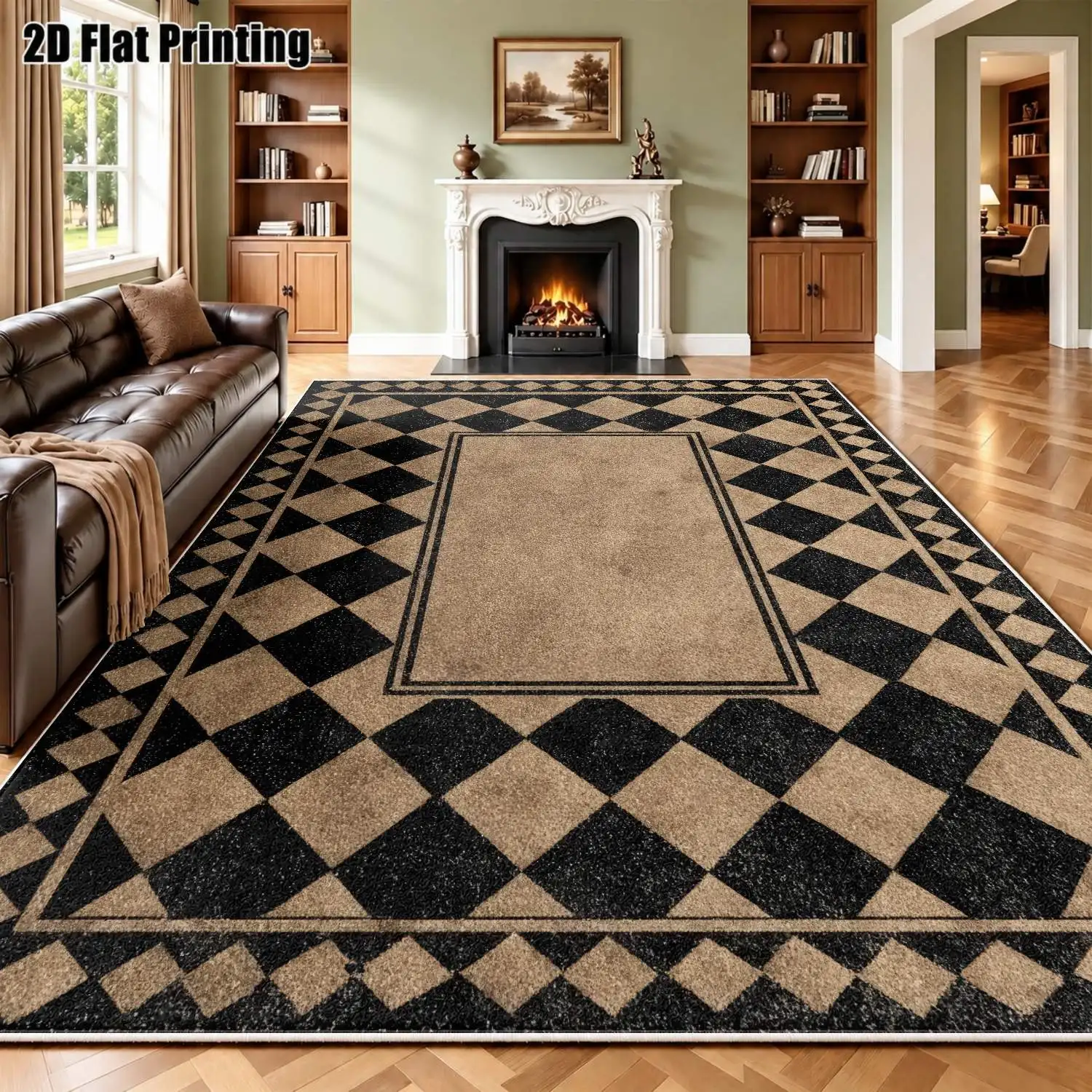1Pc 2D Printed Velvet Carpet, Retro Black-Brown Geometric Diamond Pattern European/Minimalist/Nordic/Instagram Style, Multi-Size, Machine Washable, for Entrance, Dining, Foyer, Living Room, Bedroom Home Decor.