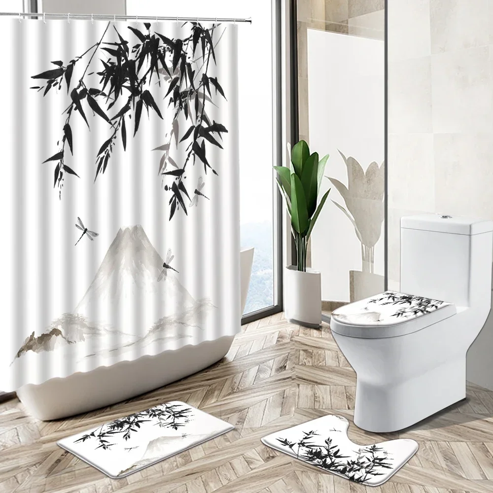 Landscape Ink Painting Bamboo Leaf Plum Blossom Sun Shower Curtain Set Chinese Decor Bath Mat Toilet Lid Cover Bathroom Carpet