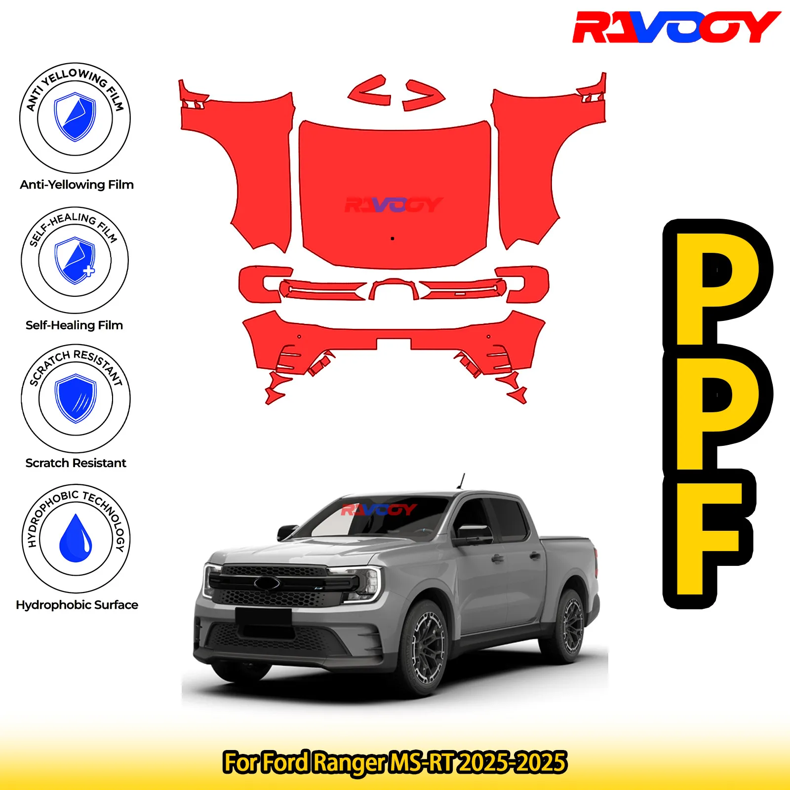 لفورد رينجر MS-RT 2025-2025 لامع أسود غير لامع قبل قطع الجبهة PPF عدة طبقة حماية الطلاء #1
