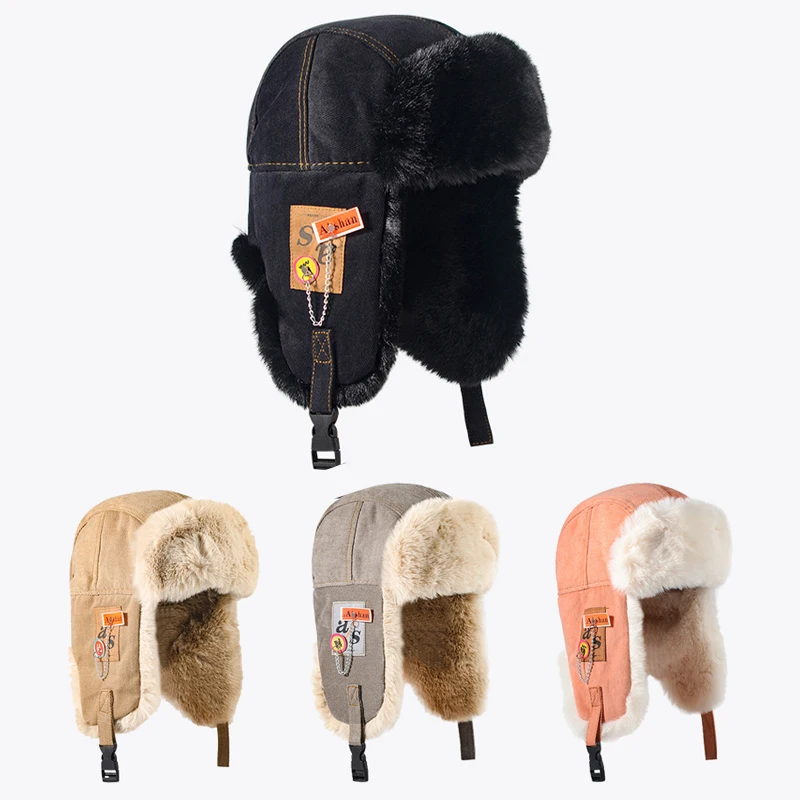 Newest Bomber Hat Men Women Thick Warm Russian Ushanka Fur Hat Fashion Male Female Winter Hat Black Grey Earflap Ski Russian Cap