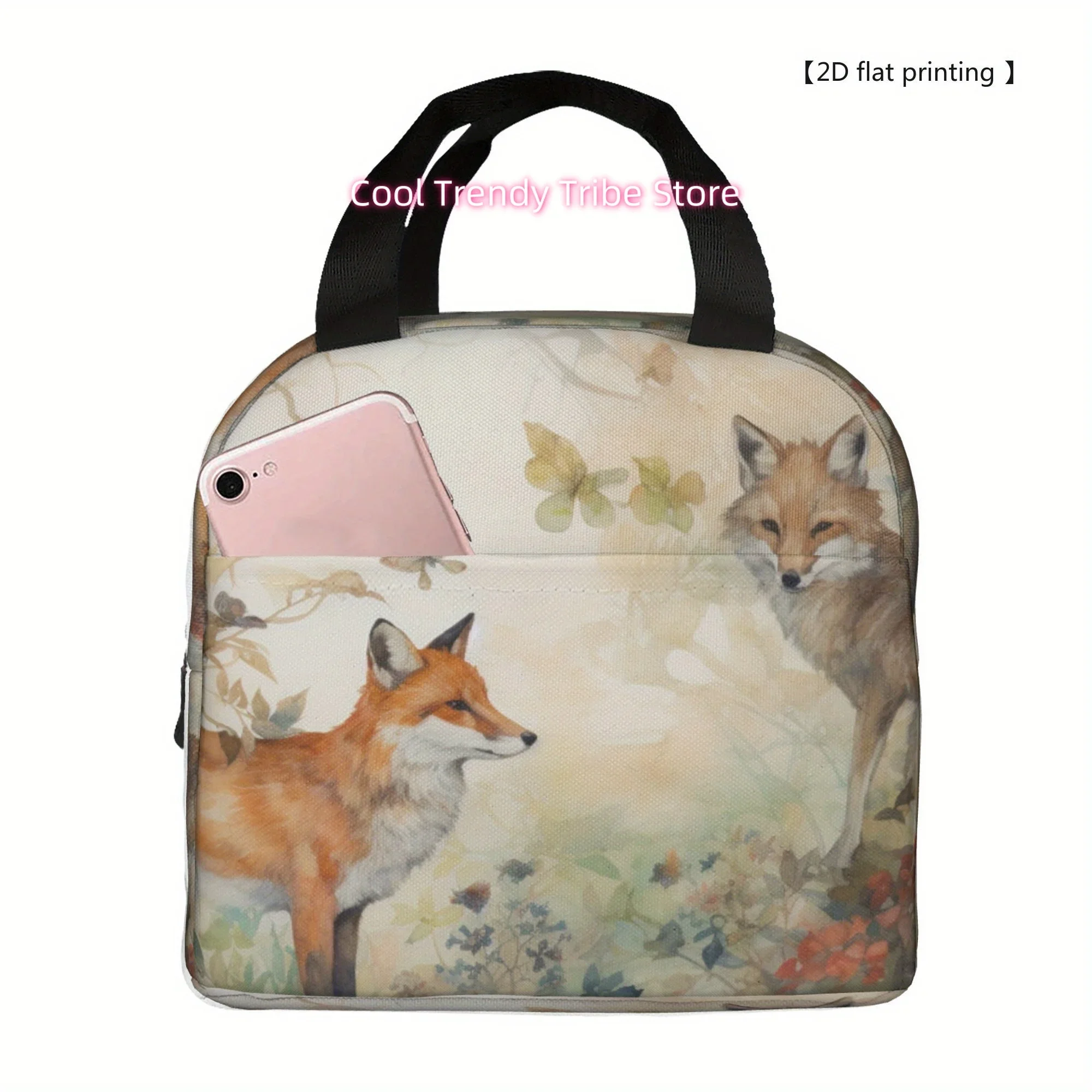 1pc [ 2D flat printing] Forest fox Portable Reusable Cooler Bag, Lunch bag Boxed meal package top - handle bag lunch bag for Cam