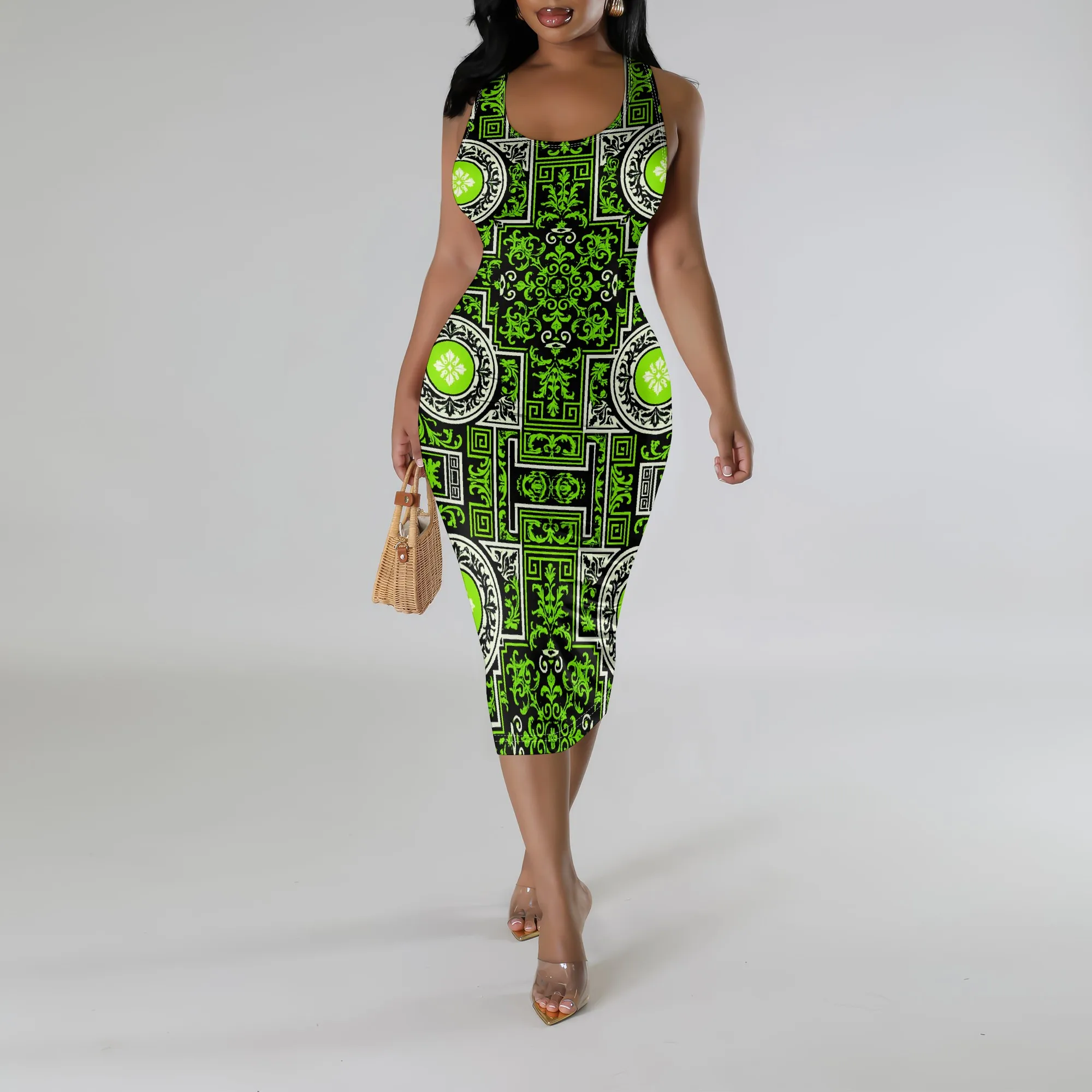 

Green Baroque Print Bodycon Midi Dress XS-3XL Sleeveless Round Neck Slim Fit for Nightclub, Summer Festival or Streetwear