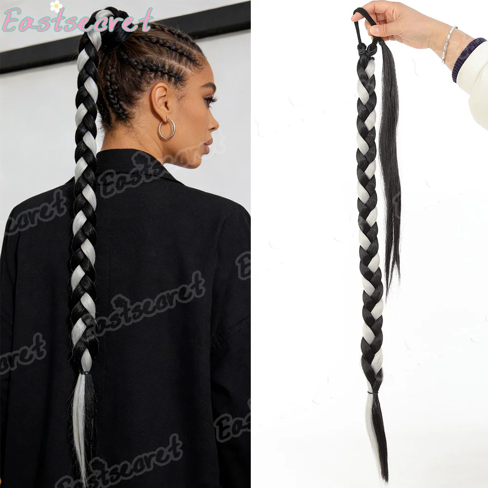 EAST 28Inch Black Silver-White Two-Tone Ponytail Extensions | DIY Braided Hair with Elastic Hair Ties Synthetic Hair Wig