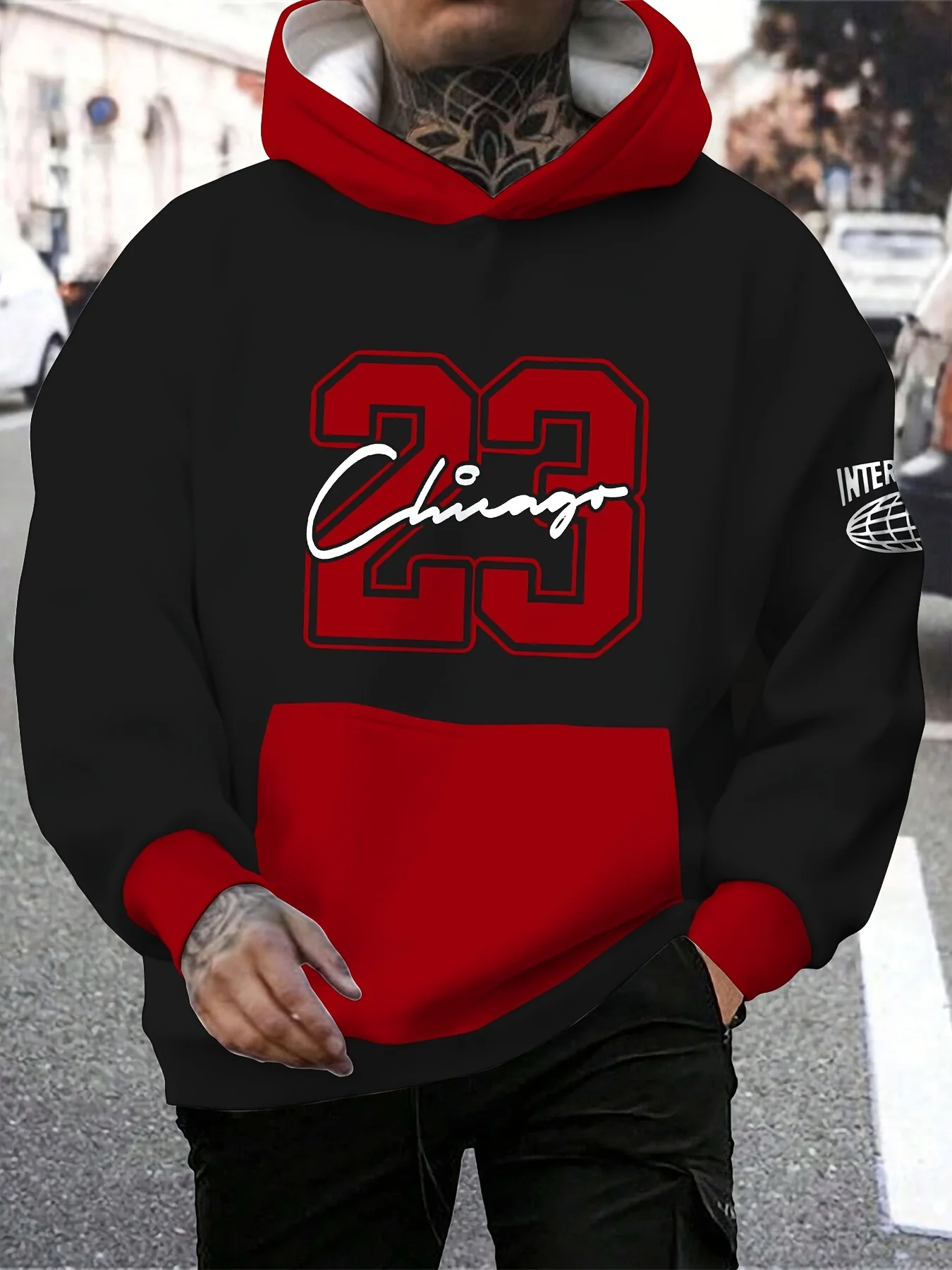 

Chicago #58.42cm Letter Print Men's Hooded Contrast Sweater with Drawstring Men's Pullover matching family outfits