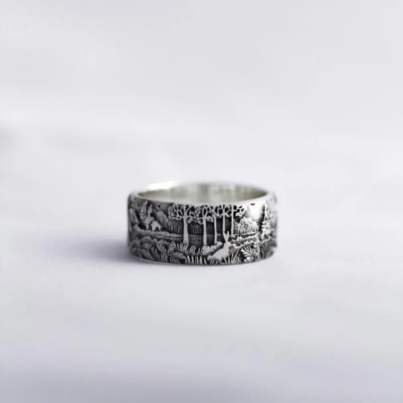 Fashion Wild Men and Women Ring Thailand Silver Deer Forest Ring 925 Silver Ring Hip Hop Style Ring Men and Women Jewelry