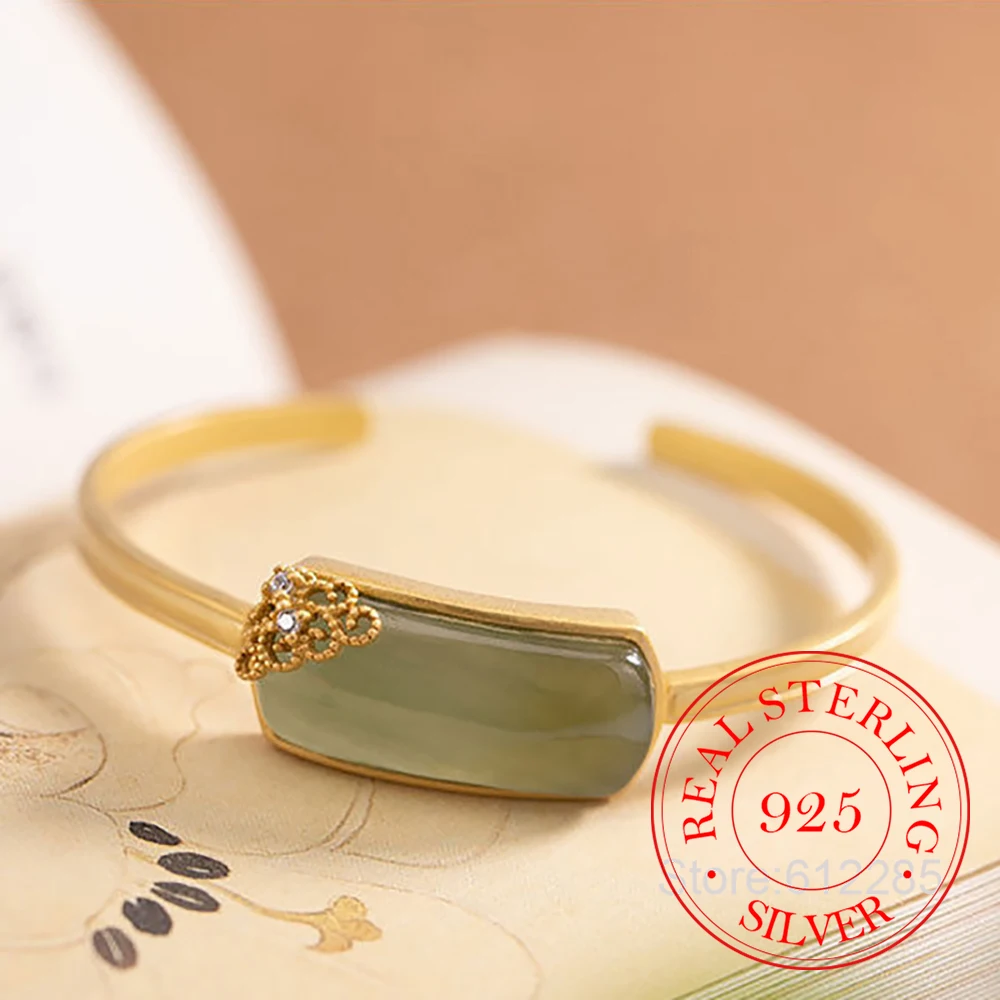 

925 Sterling Silver Jewelry Cloud Rectangle Natural Jade Cuff Bangles for Women Wedding Party Jewelry For Girls Friends Gift