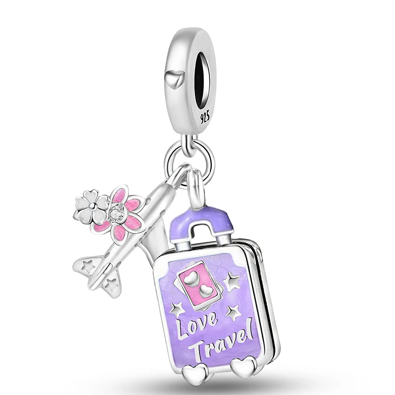 925 Sterling Silver Purple Series Love Heart Flower Safety Chain Charm Beads Fit Original Bracelets Bangles Jewelry Gift