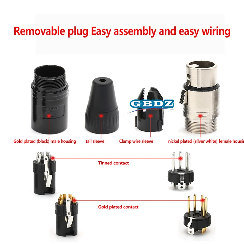 REAN 5 Pin XLR Plug With Color Ring Microphone Connector Metal Housing 5 Pore Balanced XLR Male / Female Plug