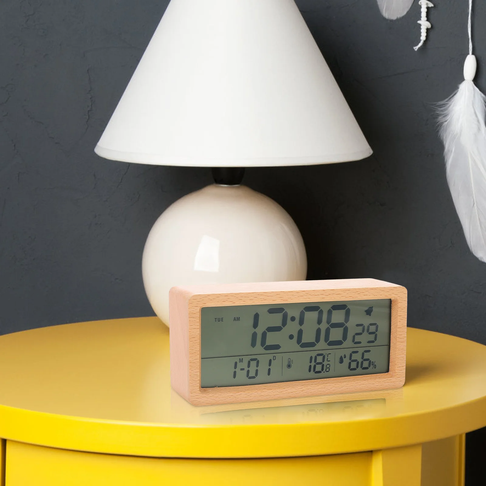 

1Set Wood Art Digital Alarm Clock Multi-Function Calendar Desktop Clock Temperature Humidity Indoor Room Thermometer