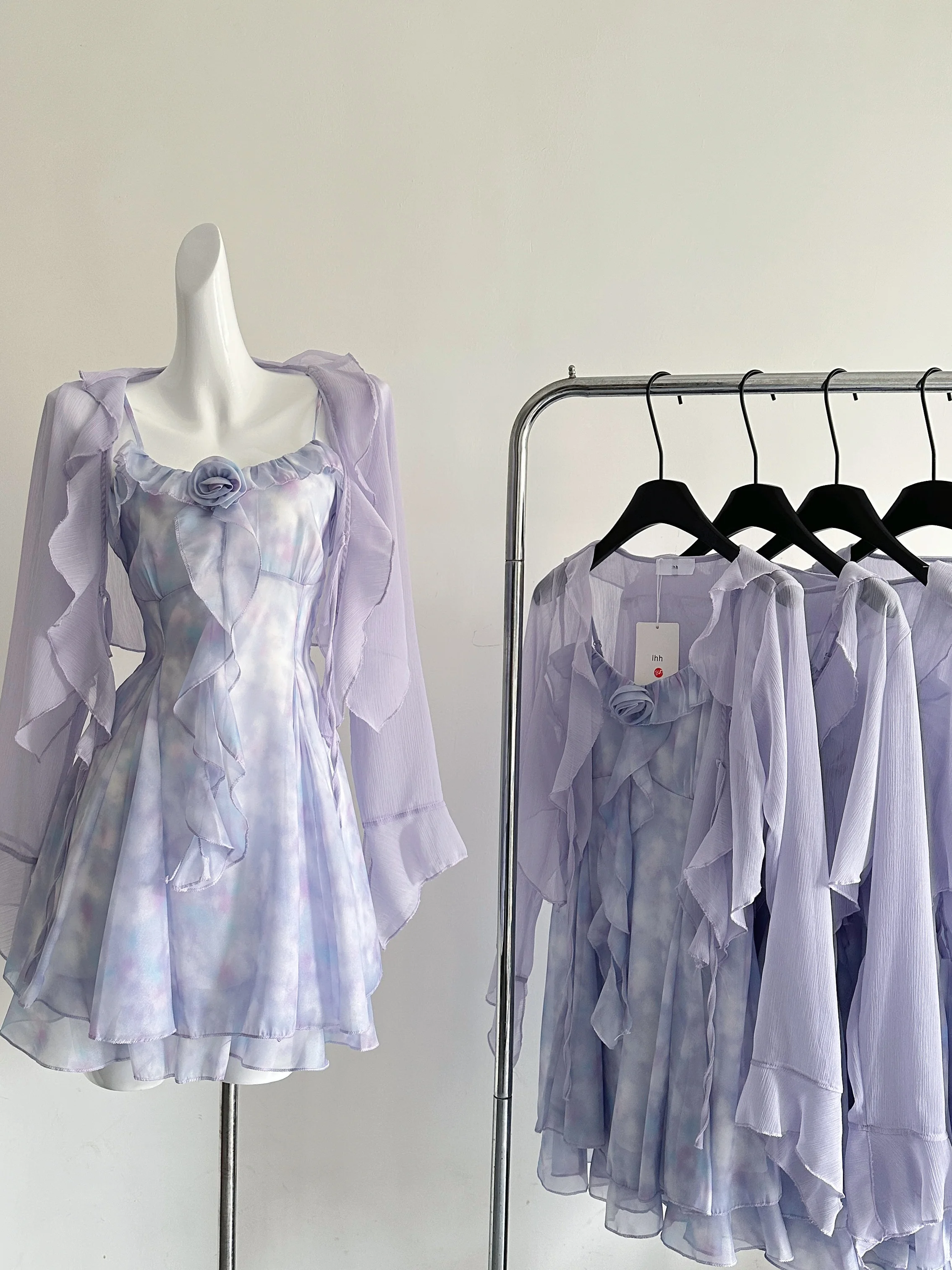 

Japanese Purple Floral Suspender Skirt Cardigan Suit Women 2025 Summer New Atmosphere Fashion Trend Two-piece Set Aesthetic