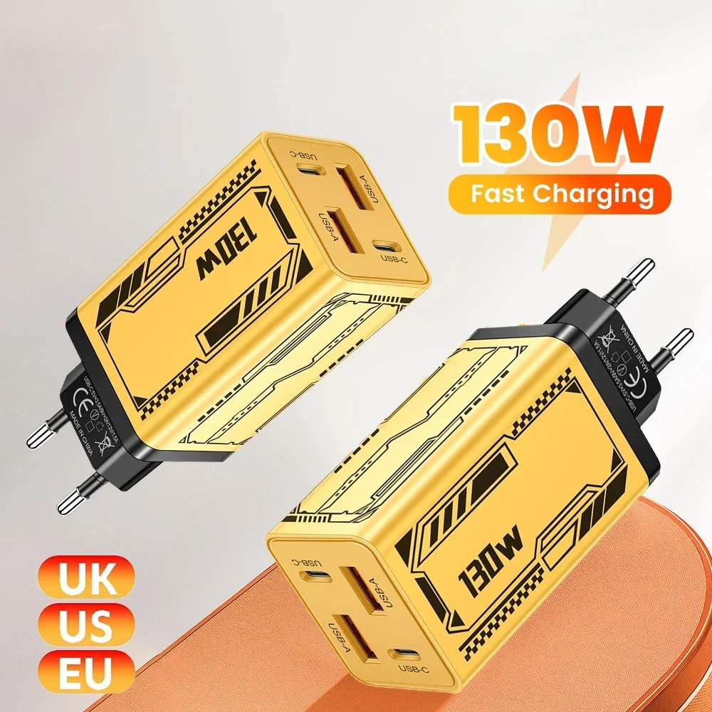 130W 4 Ports USB Type C Charger QC3.0 PD Fast Charging Mobile Phone Charger Travel Wall Adapter For iPhone 16 17 Samsung Xiaomi