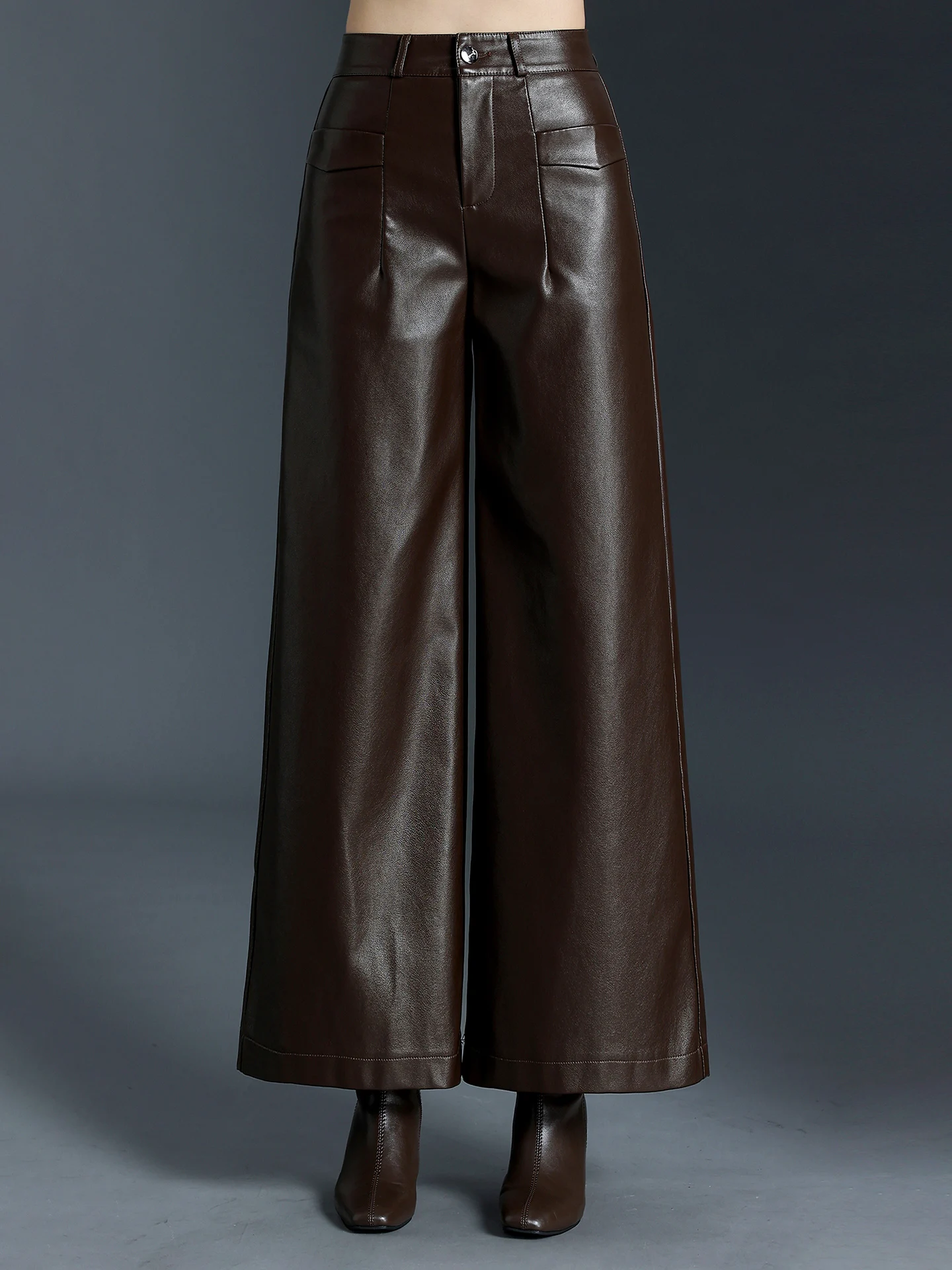 

ZUZK длинные брюки из искусственной кожи с высокой талией, женские новые осенне-зимние модные теплые элегантные кожаные брюки с карманами