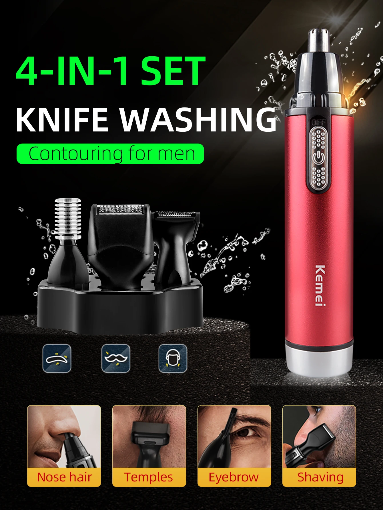 Kemei 4 in 1 Battery Ear Hair And Nose Trimmer Set Men's Electric Trimer for Sideburns Hair Cut Eyebrow Trimmer KM-6620