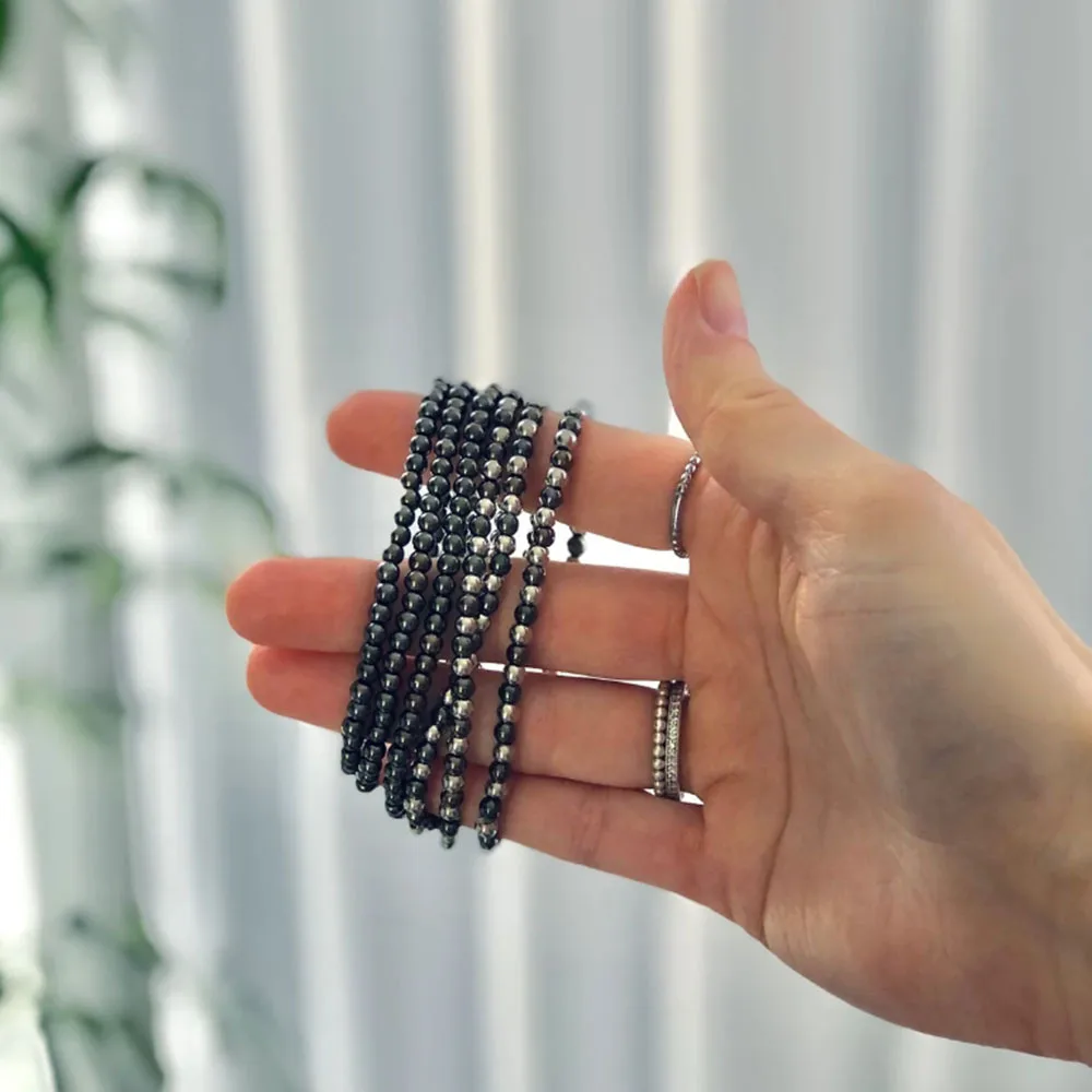Meetvii Fashion Hematite Titanium Hertz Bracelet Simple Beaded Black Gallstone Elastic Bracelet Health Healing Jewelry