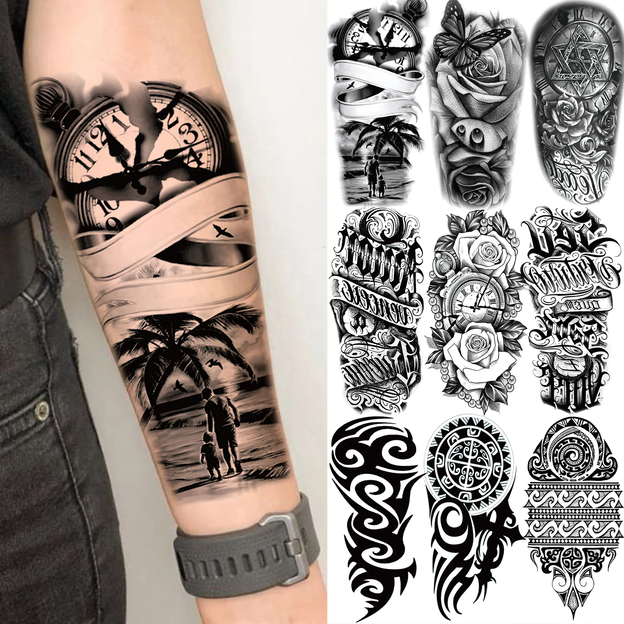 1 Sheet Compass Family Temporary Tattoos For Women Men Adults Flower Tribal Maori Totem Tattoo Sleeve Waterproof Temp Stickers