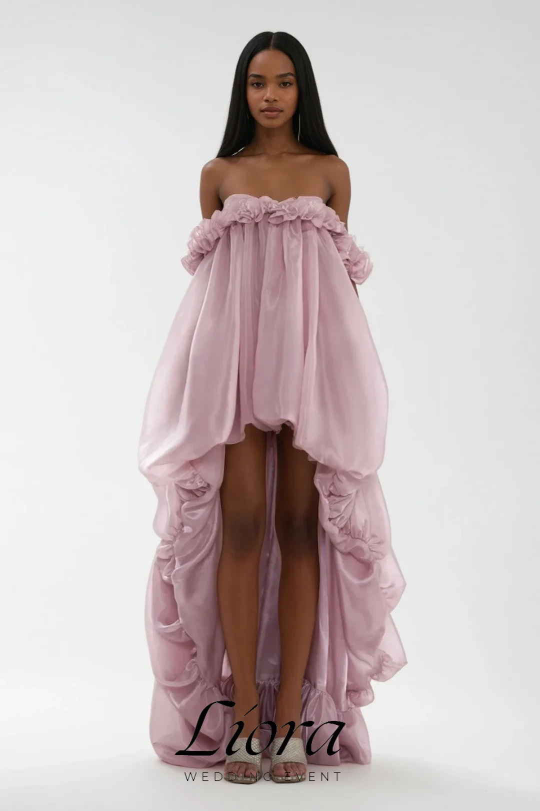 Liora Customized Fashion Pink Chiffon Evening Dress Classic Strapless Delicate Ruffles High-Low Special Occasion Gowns