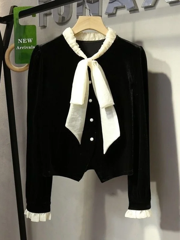

Velvet Knot Color Block Bubble Sleeve Shirt Women's Autumn Winter Slimming Fashionable Casual Style Long Sleeve Shirt