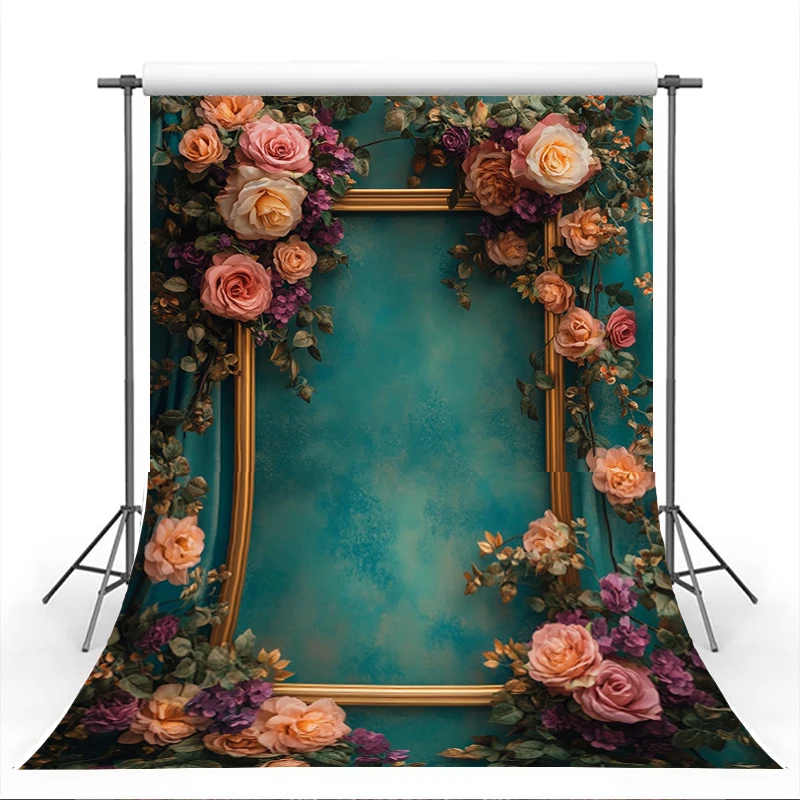 Mocsicka خلفيات التصوير الفوتوغرافي الكلاسيكية الذهب مؤطرة الأزهار الأزرق الستار الخلفيات طفل فتاة عيد ميلاد الأمومة صورة الاستوديو