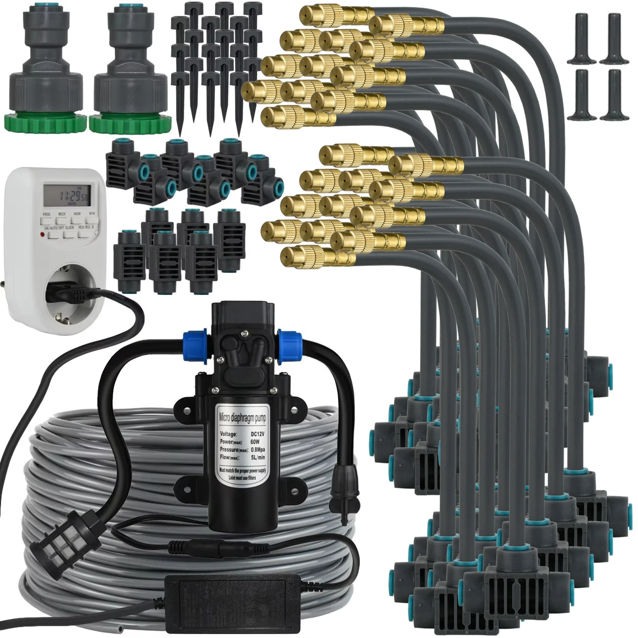 

5M-30M Garden Misting Cooling System Self-Priming Pump Timer Automatic 360° Felxiable Watering Irrigation Kit Balcony Greenhouse