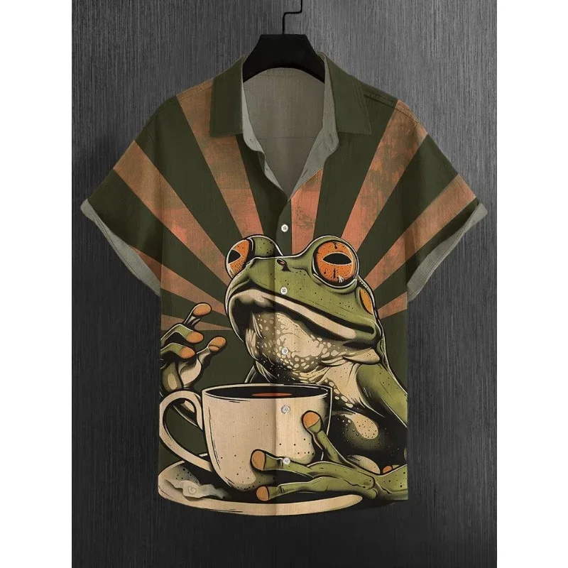 Men's Vintage Chilling Frog Drinking Art Print Linen Blend Shirt Harajuku Shirts Hipster Button Down Shirt Homme Casual Shirts