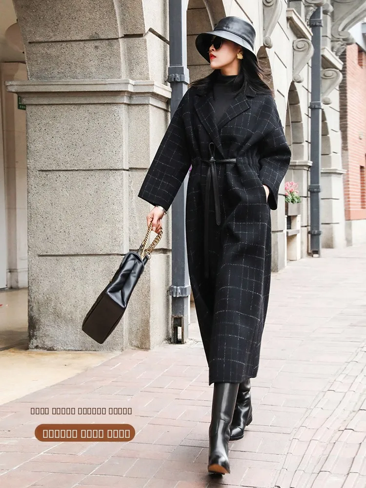 

Long Woolen Coat with Waist-Cinching Belt And Suit Collar Australian Wool Thiened Version Ladies Premium Faion Outerwear