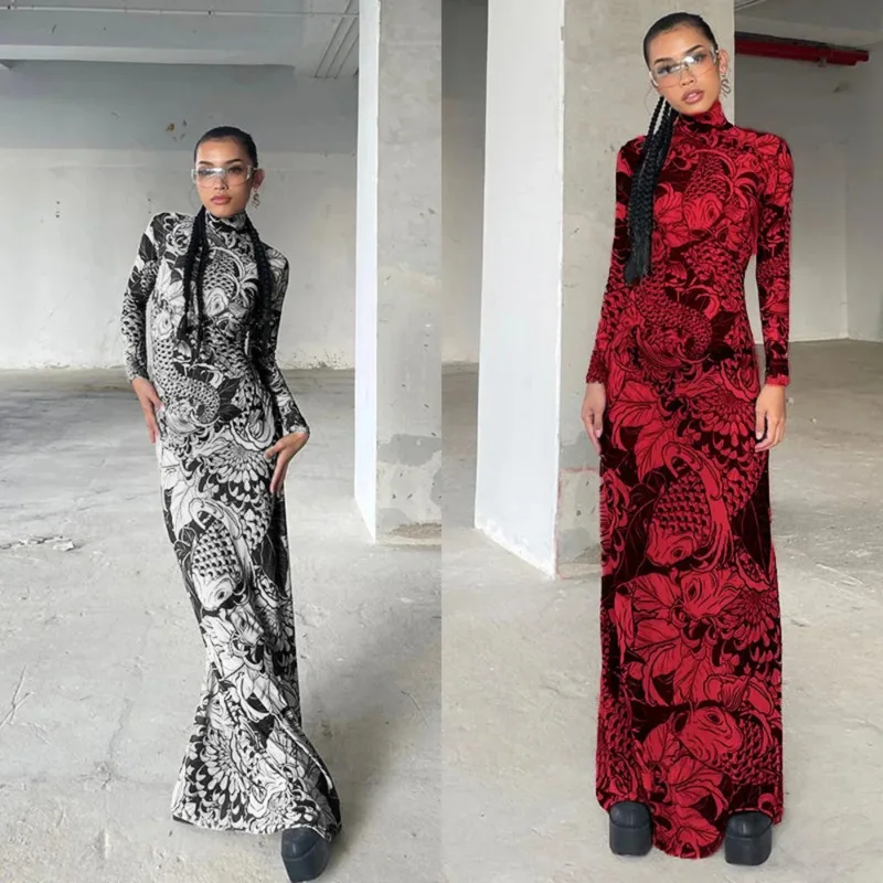 

Vintage Print Mesh Maxi Dress For Women 2025 Trendy Long Sleeve Slim Sheer Bodycon Gown With Stand Neck Elegant Party Outfit New