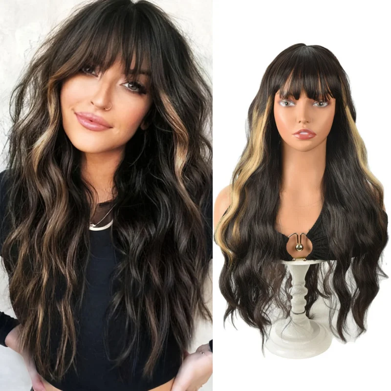 

Black Gradient Golden Synthetic Wigs Long Curly Hair Natural Wig for Women Middle Part Wigs Cosplay Party Heat Resistant Fake