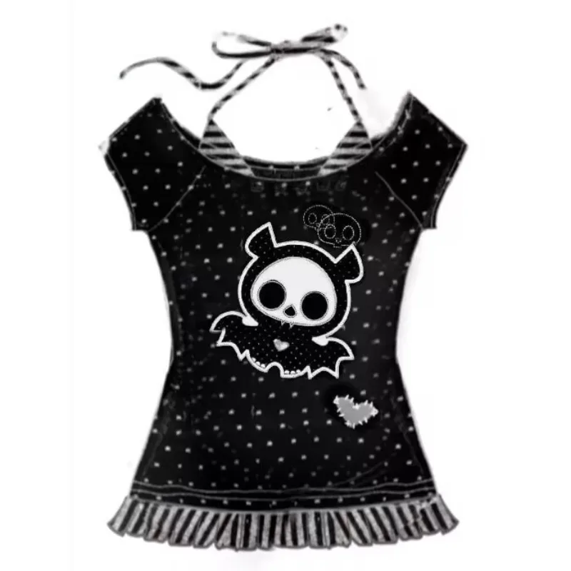 Harajuku Women's Kawaii Fake Two T-shirts Japanese Retro Subculture Polka Dot Tshirt Popular Y2k Cartoon Print Tees Female Tops