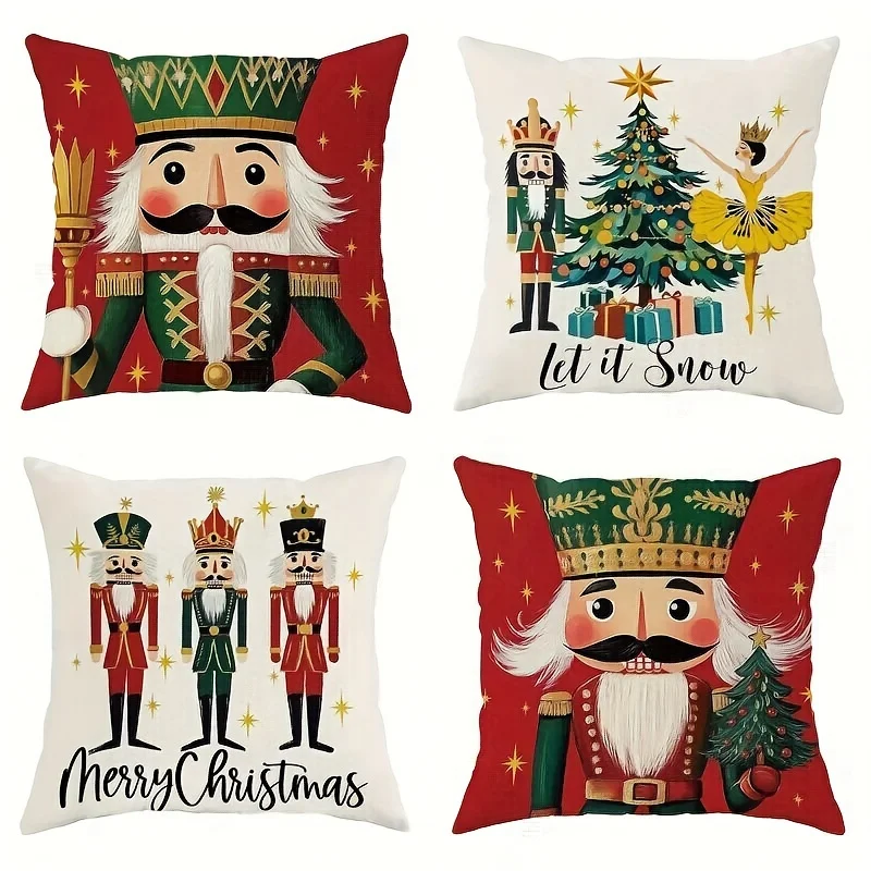 Set of 4 Nutcracker Christmas Pillow Covers, Holiday Decor, Zipper Closure, Machine Washable Polyester, No Insert