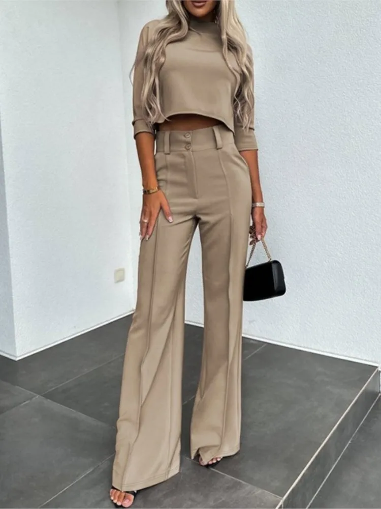 Elegant Office Lady Suits Fashion Solid Two Piece Set For Women Casual Crop Top+ High Waist Pants Women\'s Sets 2024 Sping Autumn