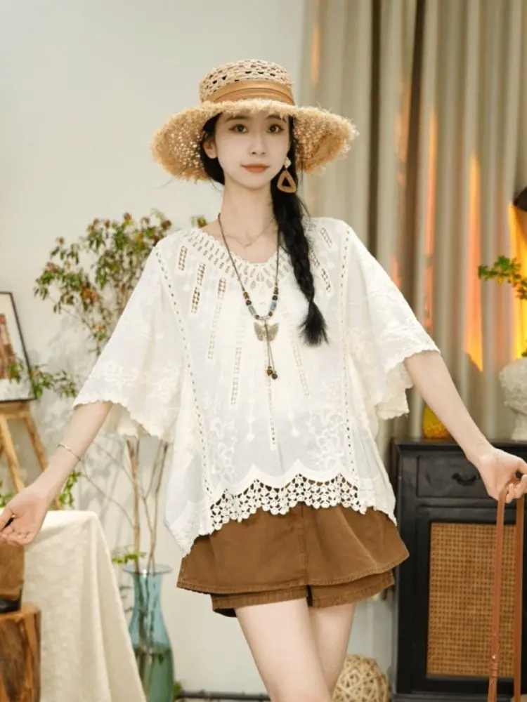 

Women's Hollow out Hook Embroidery irt Slimming Top Casual Sle Spring 2026 Faion Trend Loose Fit round Ne ort Sve