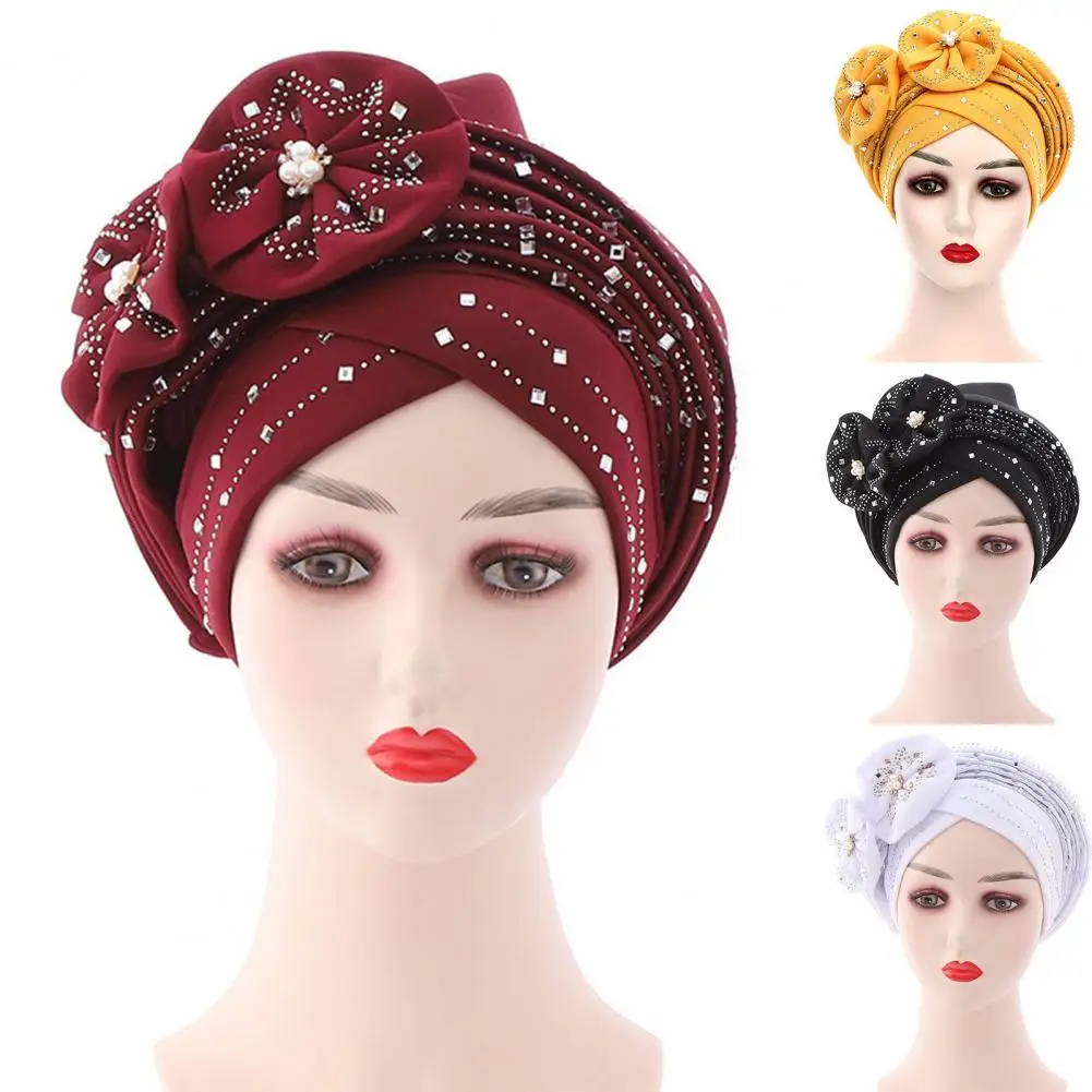 

New in Pre-Tied Cross Wrap Turban Beanie Flower Decor Rhinestone Headscarf Cap Hair Accessories