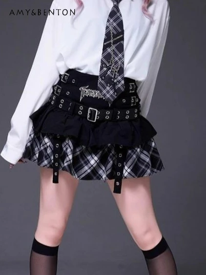 

Japanese Harajuku Subculture Plaid Belt Embroidered Patchwork Multi-layer Skirt Goth Hot Girl High Waist Mini Skirt Mine Series