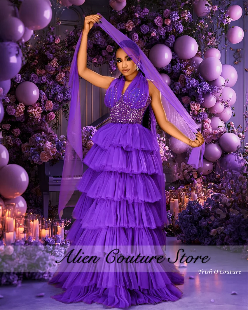 2024 Purple Tulle Evening Dresses Bead Crystal Diamonds Halter Wedding Party Dress Ruffles Vestidos De Novias Customized 