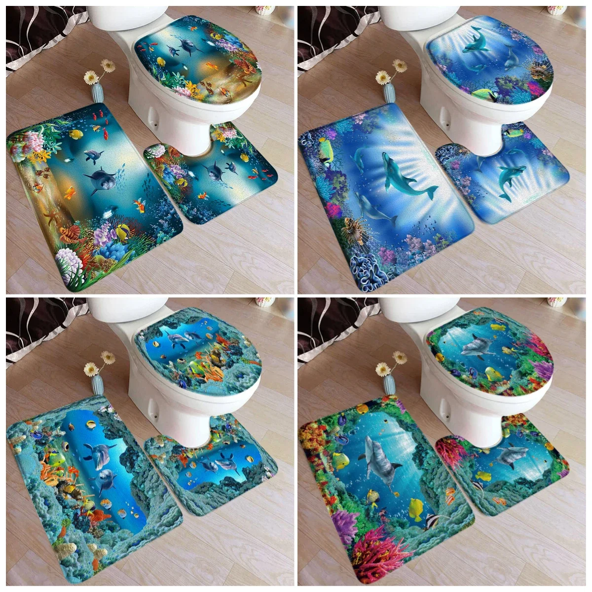 Cartoon Dolphin Bath Mat Set Blue Ocean Coral Fish Underwater Scenery Home Carpet Bathroom Decor Rugs U-shaped Pad Toilet Cover