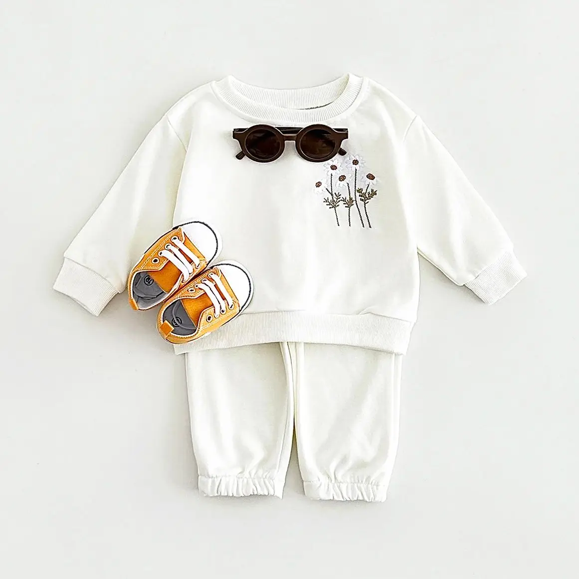 New Boys Girls Infant Baby Clothes Newborn Baby Long Sleeve Sweater Wool Daisy Embroidery Top+Solid Color Pants Kids Clothes