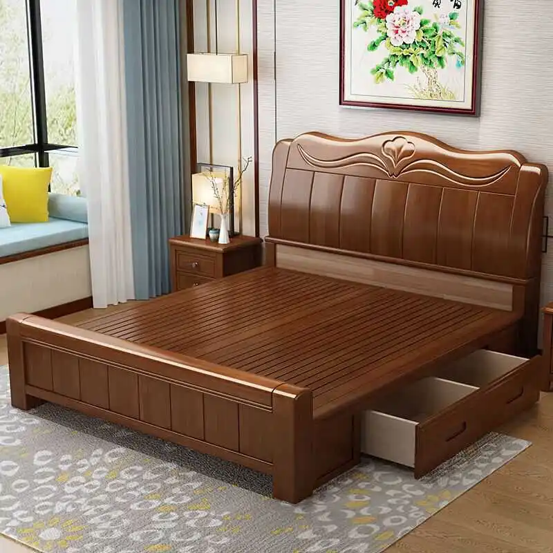 Cama de estilo chino de madera maciza, venta directa de fábrica, dormitorio principal de 1,8 m, cama doble, caja alta de madera de 1,5 m, cama grande