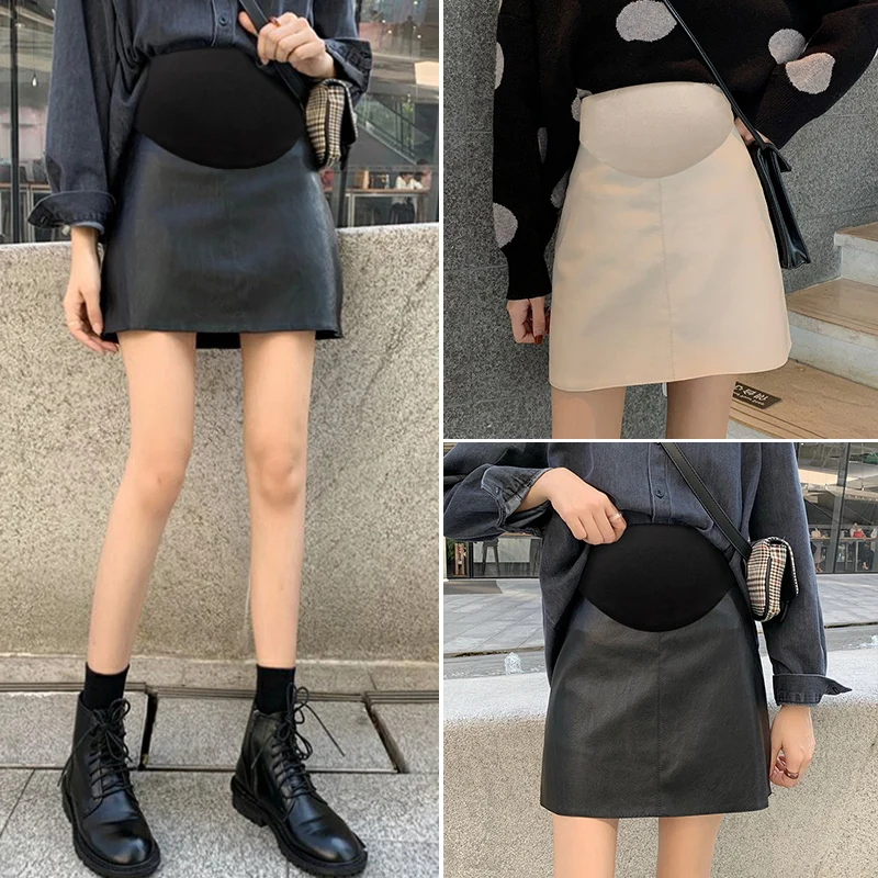 

Fashion Hot Elastic Waist A Line Clothes for Pregnant Women Pregnancy Youth Vintage PU Mini Skirts for Maternity Autumn Winter