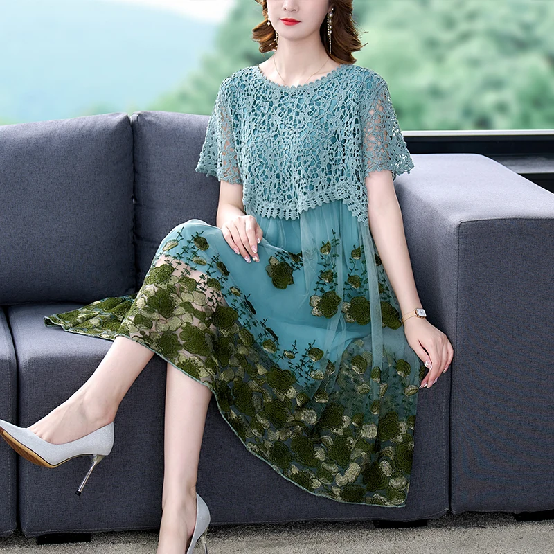 

Women High Quality Blue Embroidery Natural Silk Midi Dress Summer Fashion Light Loose Dress 2024 New Korean Elegant Evening Robe