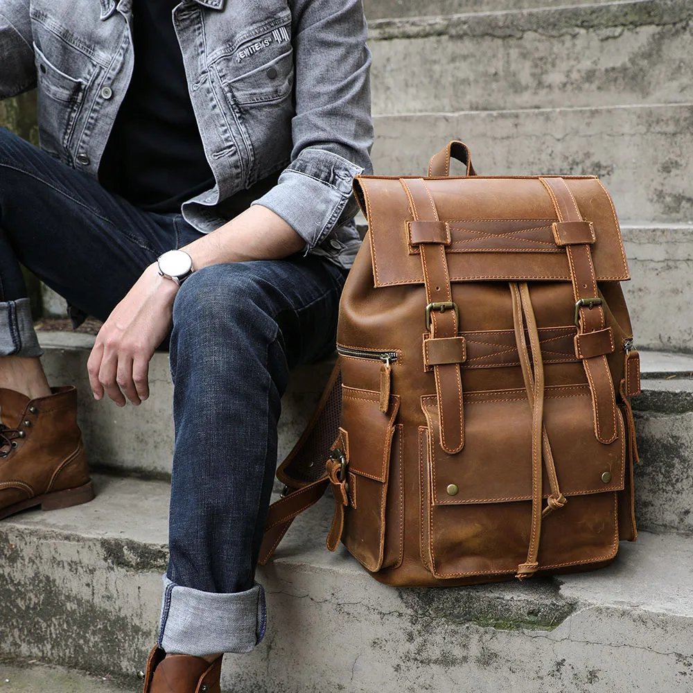 S.WORKER Vintage Echtleder Herrenrucksack Laptop-Tasche Casual Crazy-Horse Leder Schultasche Outdoor Reise-Weekender-Tasche – Detail 5