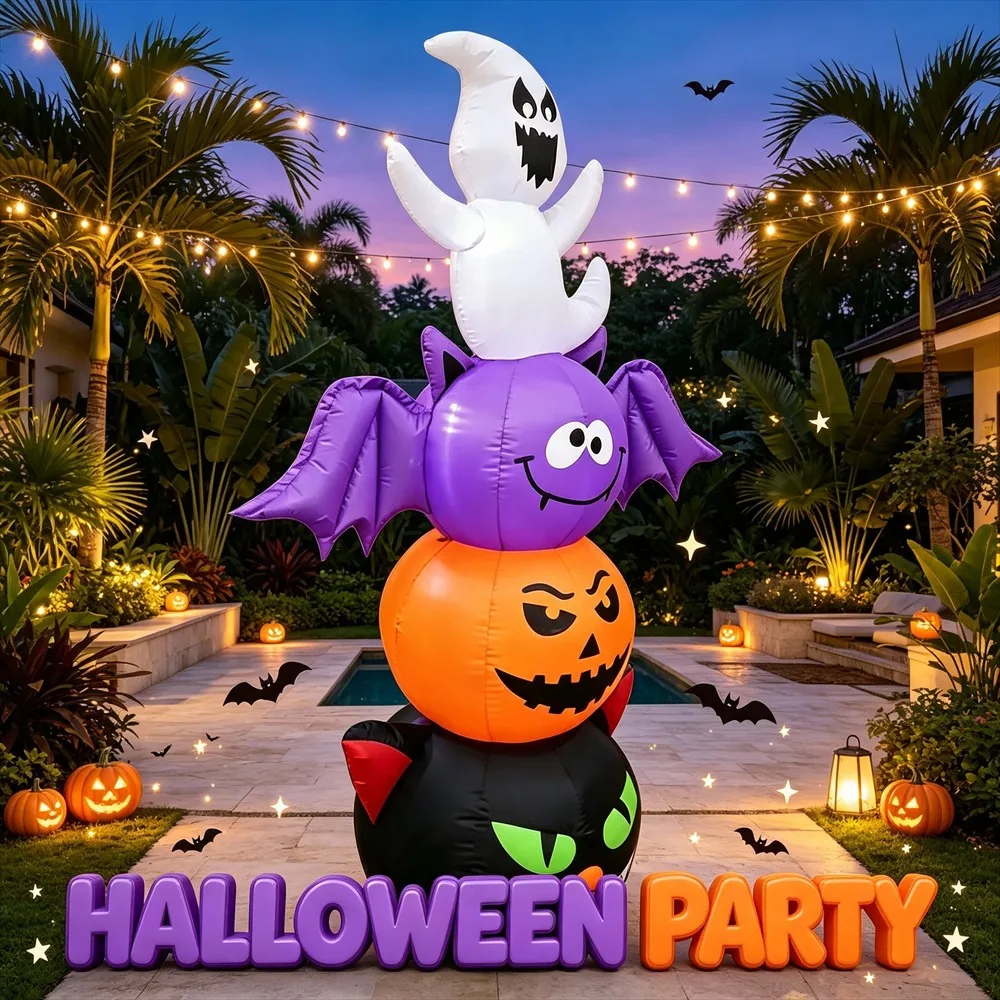 Halloween Outdoor Inflatable Model Decor 5.6FT with LED Four Layers Stack Black Cat Jack O Lantern Bat Ghost Holiday Ornament