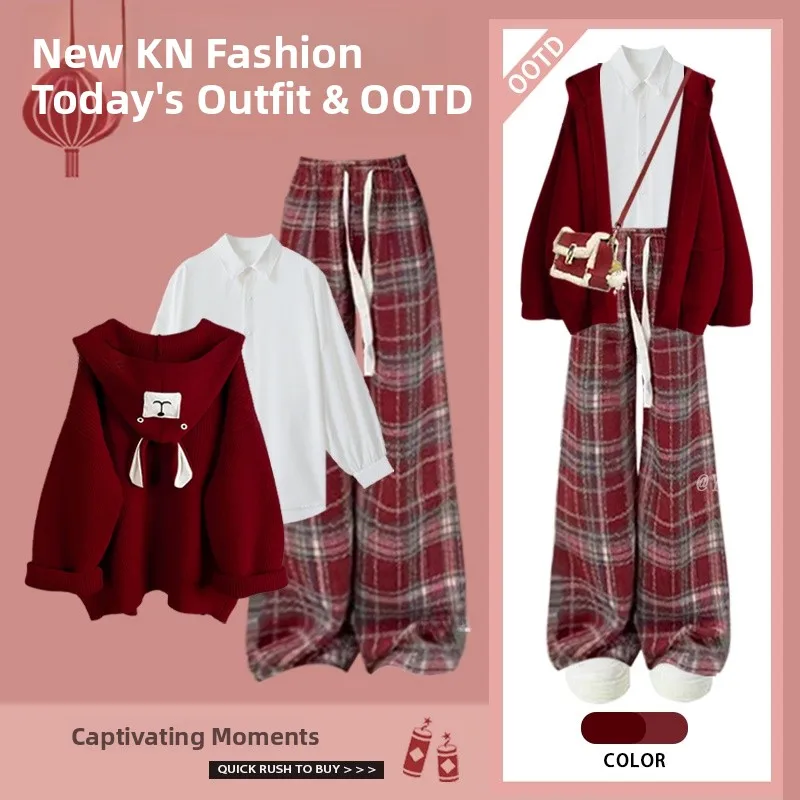 

Faionable Hooded Plaid Sweater And Pants Set Women's Tee-piece Ensemble Autumn Winter New Year Sle Korean Version Outfit