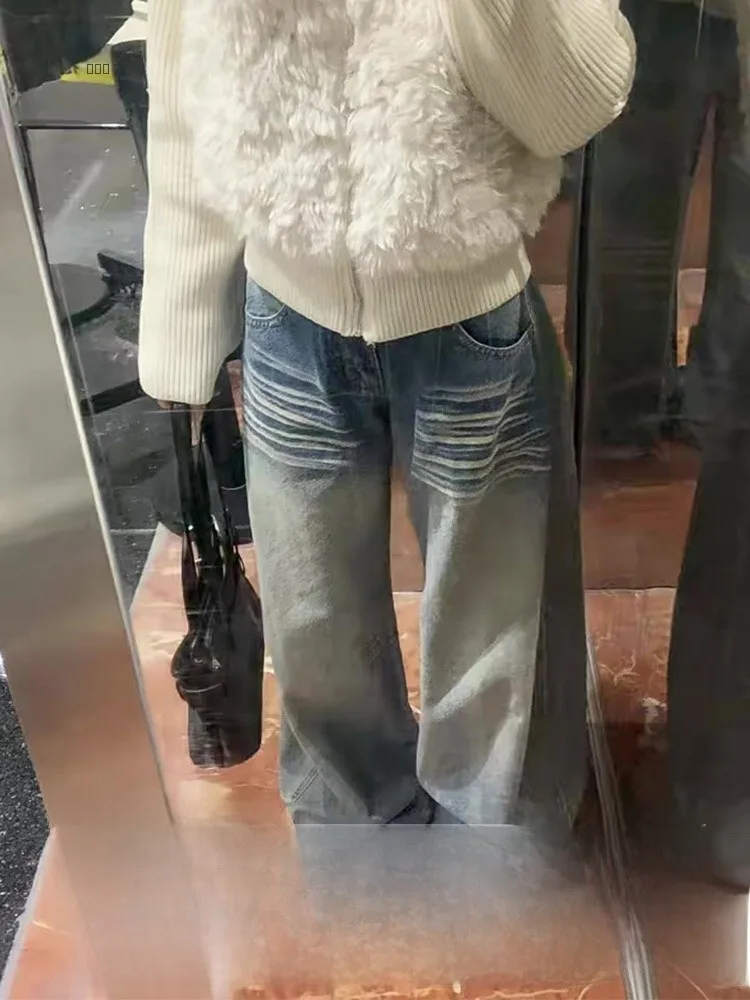 

Retro Style Faded Wide Leg Jeans Women's High Waist Straight Cut Long Pants Spring New Style Slimming Effect Casual Wear