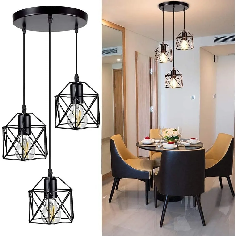 JOYINLED Vintage 3-Licht Pendelleuchte Industrielle Deckenbeleuchtung E27 Schwarze Hängelampe für Esszimmer Flur E27 – Detail 7