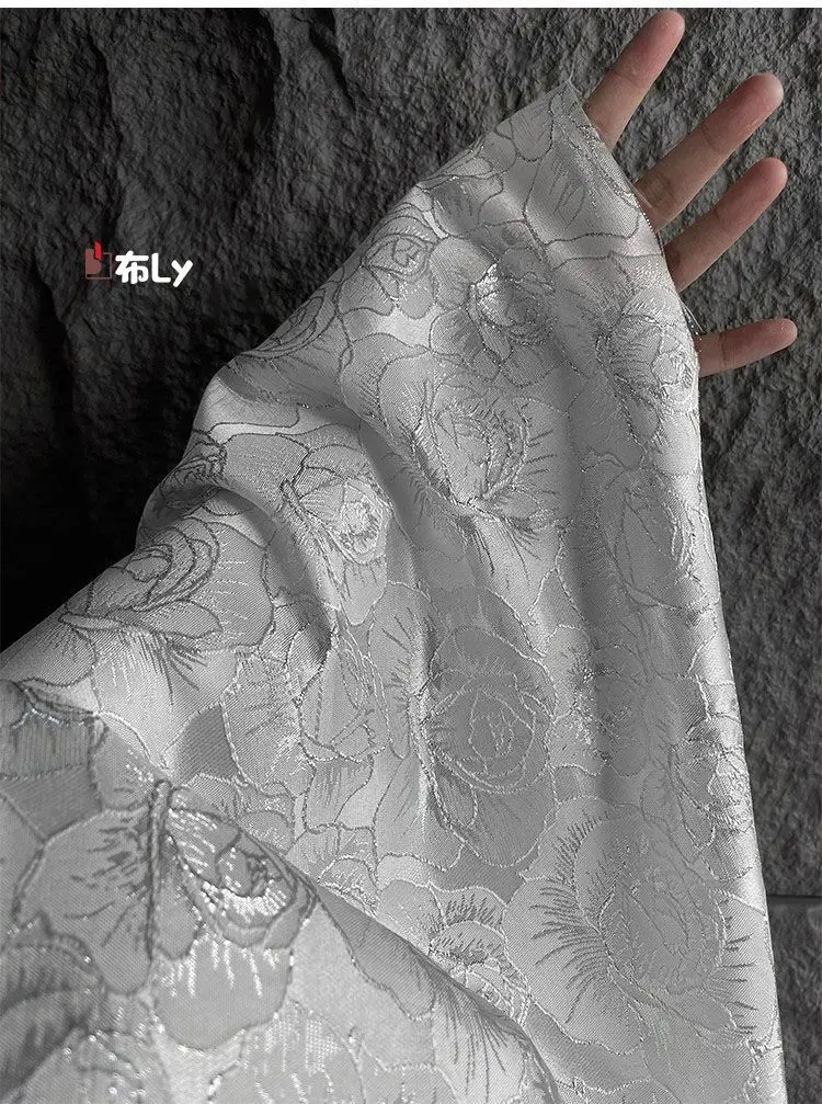 Silver Rose Large Jacquard Textured Fabric for Designer Luxury Skirt Coat Bag Remake Sewing Material