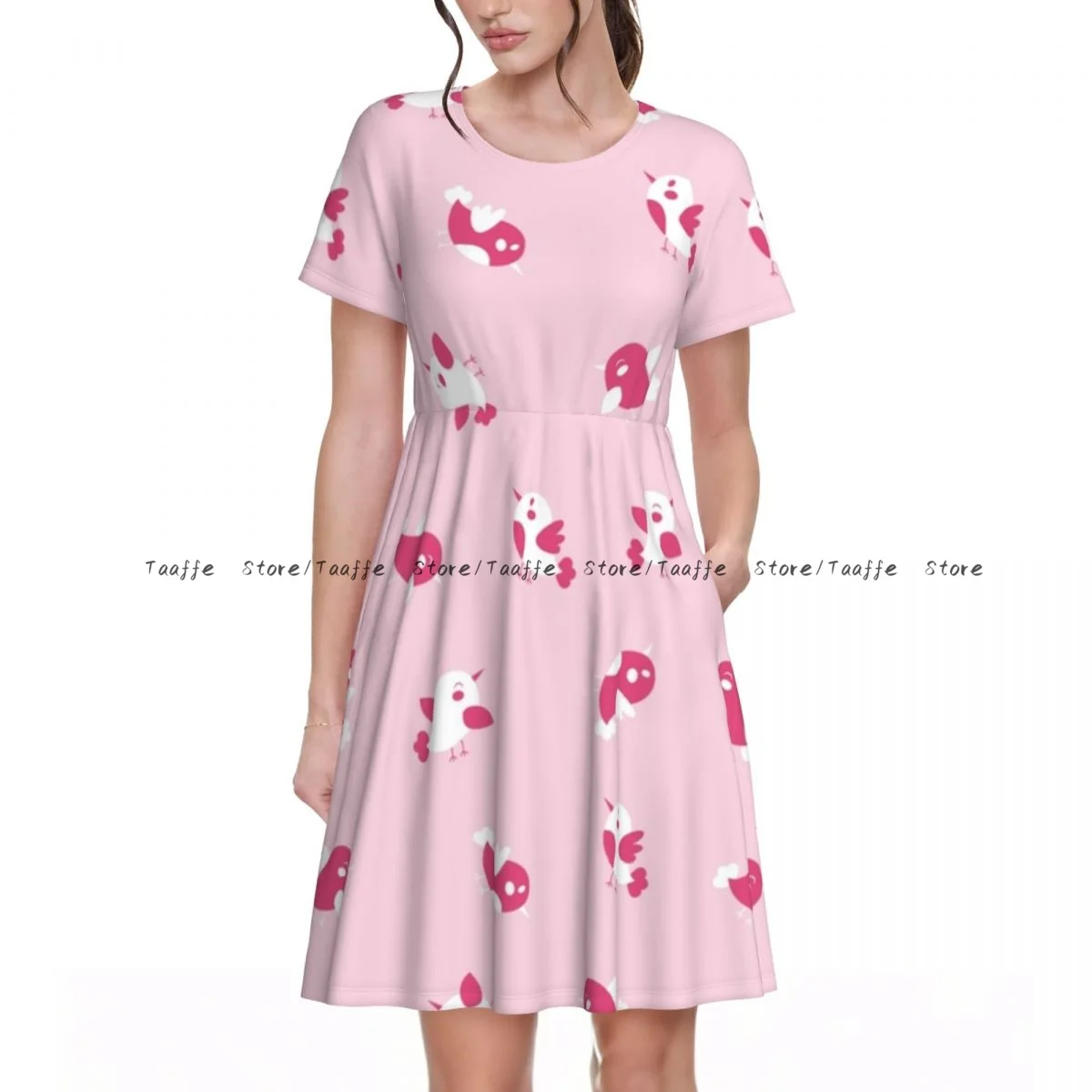 

Summer Women's Short Sleeve Waist Dress Women Pink Birds Round Neck Casual Dress