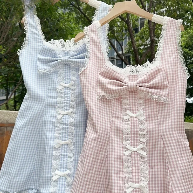 

Summer New Beautiful Suit Sweet Cute Girls Plaid Bow Lace Strap Slimming Tank Tops and Elastic Waist Shorts Two Piece Set