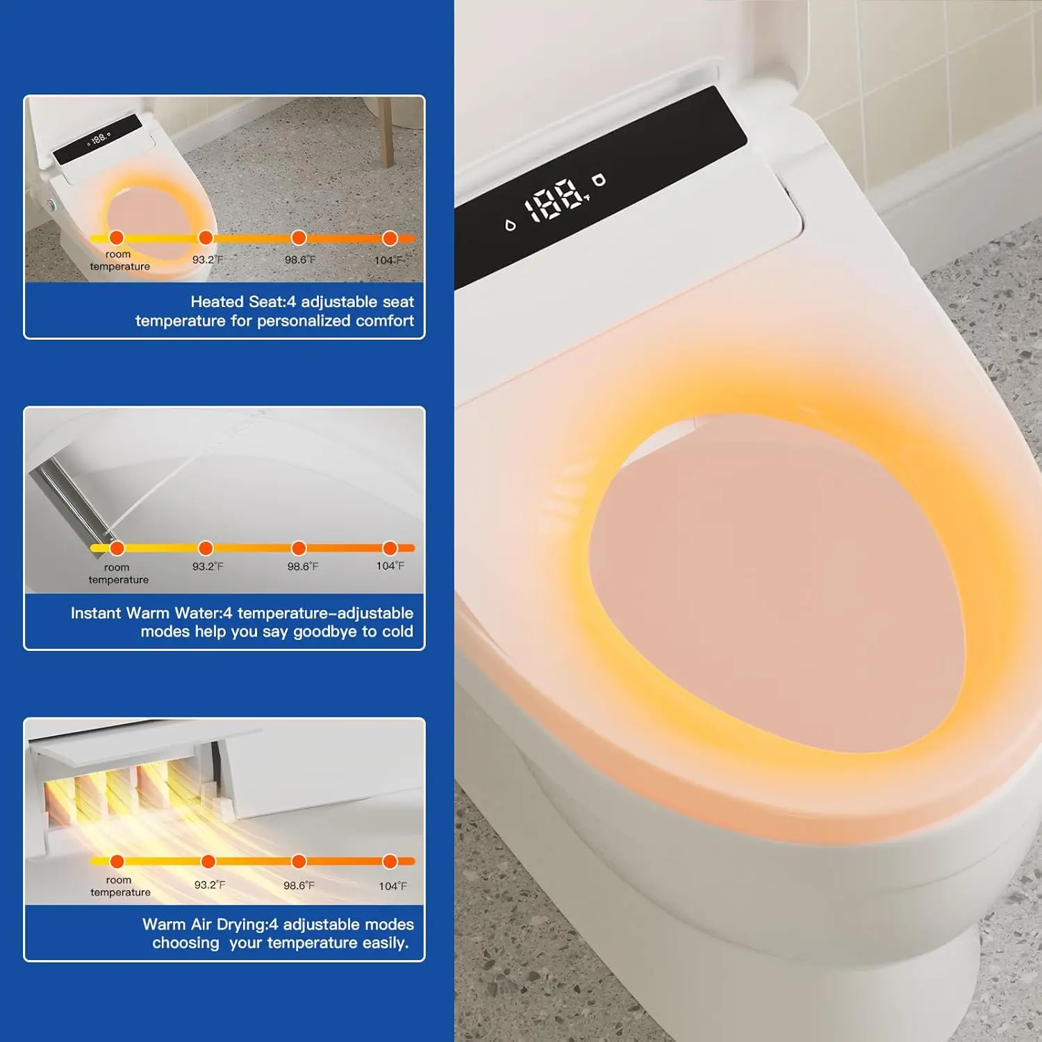 Assento de bidê elétrico Cosygrace para banheiros com formato redondo aquecido com 3 modos de limpeza e secador